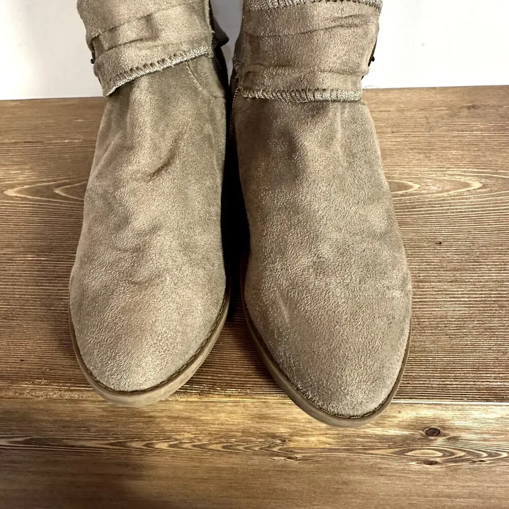Tall Faux Suede Sock Boots Womens 7 Beige Buckle Strap Studded Grommet Grunge